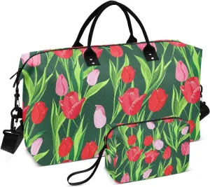 Tulips Leaves Floral Darkgreen Sports Gym Bag for Women Men Travel Duffel Bag Weekend Overnight Carry on Bag with Toiletry Bag Training Handbag for Plane Hospital Workout Swimming Yoga