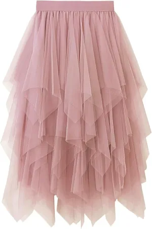 Tulle Skirts for Women Midi Long Fairy Skirt Tutu A-Line Mesh Layered High Elastic Waist Halloween Skirts