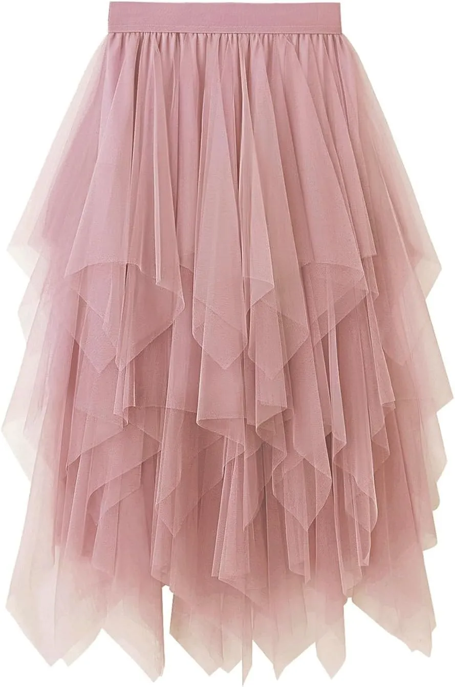 Tulle Skirts for Women Midi Long Fairy Skirt Tutu A-Line Mesh Layered High Elastic Waist Halloween Skirts