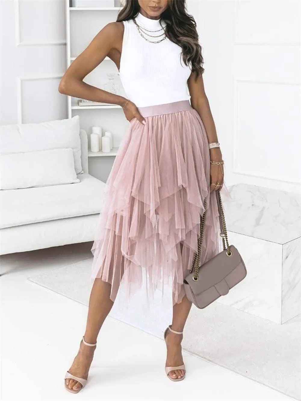 Tulle Skirts for Women Midi Long Fairy Skirt Tutu A-Line Mesh Layered High Elastic Waist Halloween Skirts