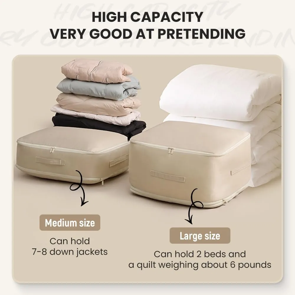 Ultra Space Saving Self Compression Organizer, 2025 Heavy Duty Storage Travel Packing Storage Tote, Storage Tote for Space Saving, Clothing Storage Bag for Comforters Blankets Bedding (Khaki, X-Large)