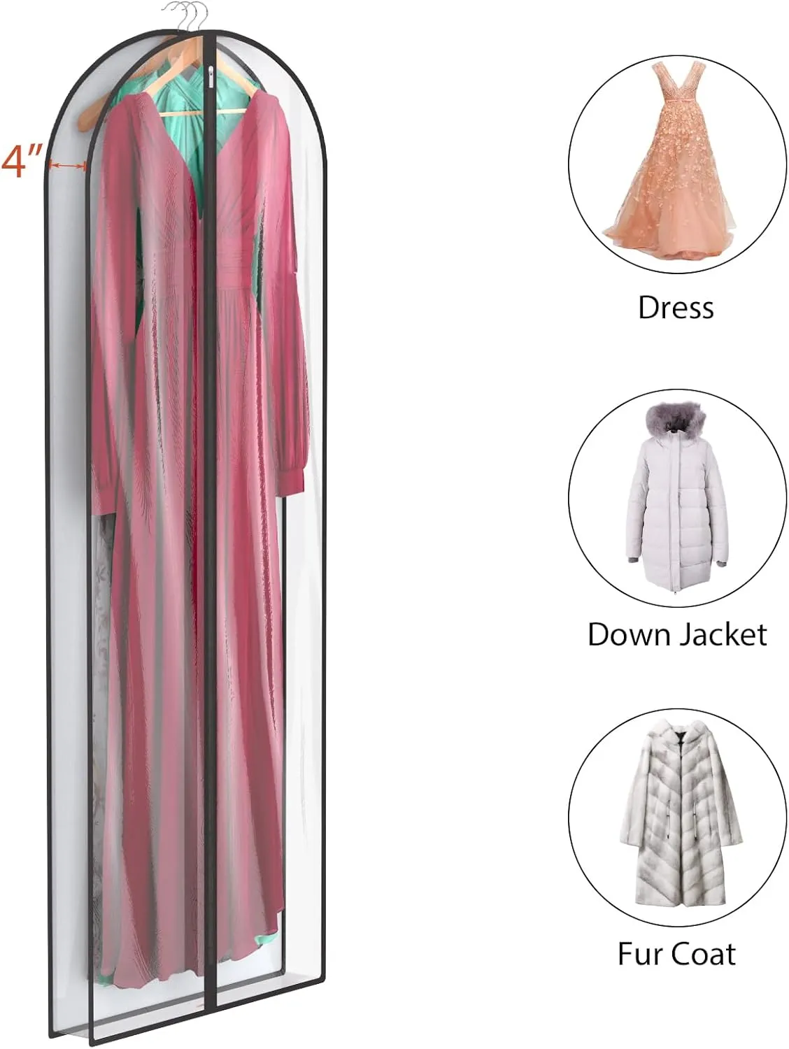 Univivi Dress Bags for Gowns, 65″ Clear Garment Bags for Hanging Clothes, 4″ Gusseted Long Dress Garment Bag for Closet Storage, 3-Pack