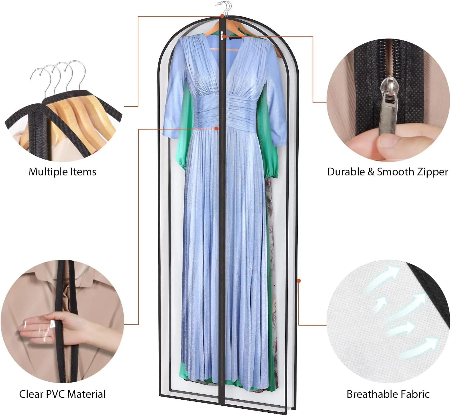 Univivi Dress Bags for Gowns, 65″ Clear Garment Bags for Hanging Clothes, 4″ Gusseted Long Dress Garment Bag for Closet Storage, 3-Pack