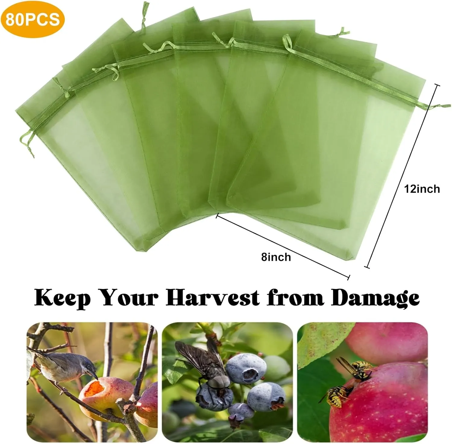 Unves 8 x12 Inch Fruit Protection Bags, 80 Pcs Fruit Mesh Bags Drawstring Reusable Fruit Tree Netting Green Bags for Fruit & Vegetables, Garden Plant Netting Cover Pest Barrier for Grape Apple Pomelo