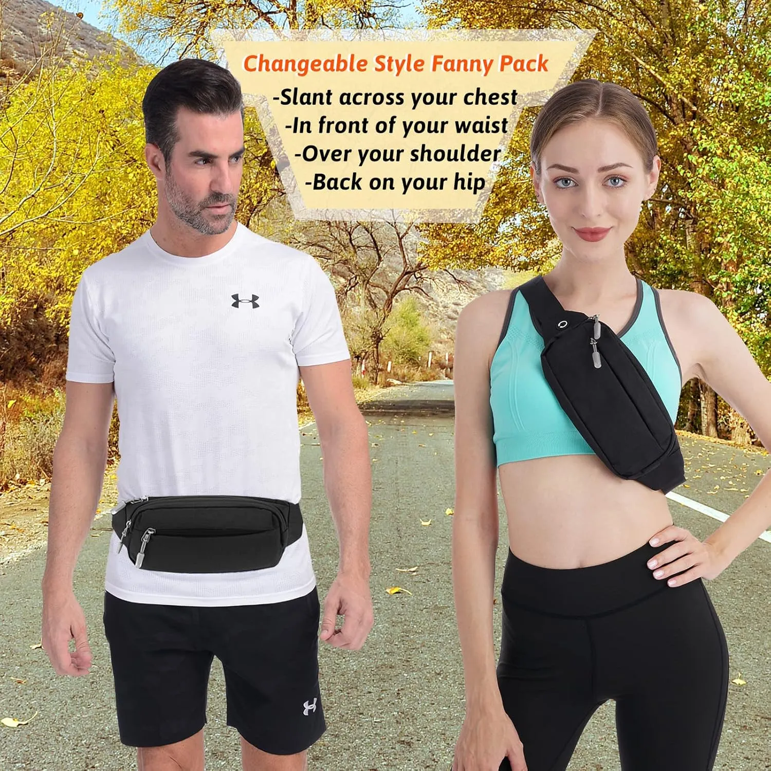 USHAKE Fanny Pack Waist Packs with Extender for Men Women, Waist Pouch Bag Hip Pack with 3-Zipper Pockets Adjustable Straps for Casual Travel Hiking Running Outdoor Sports