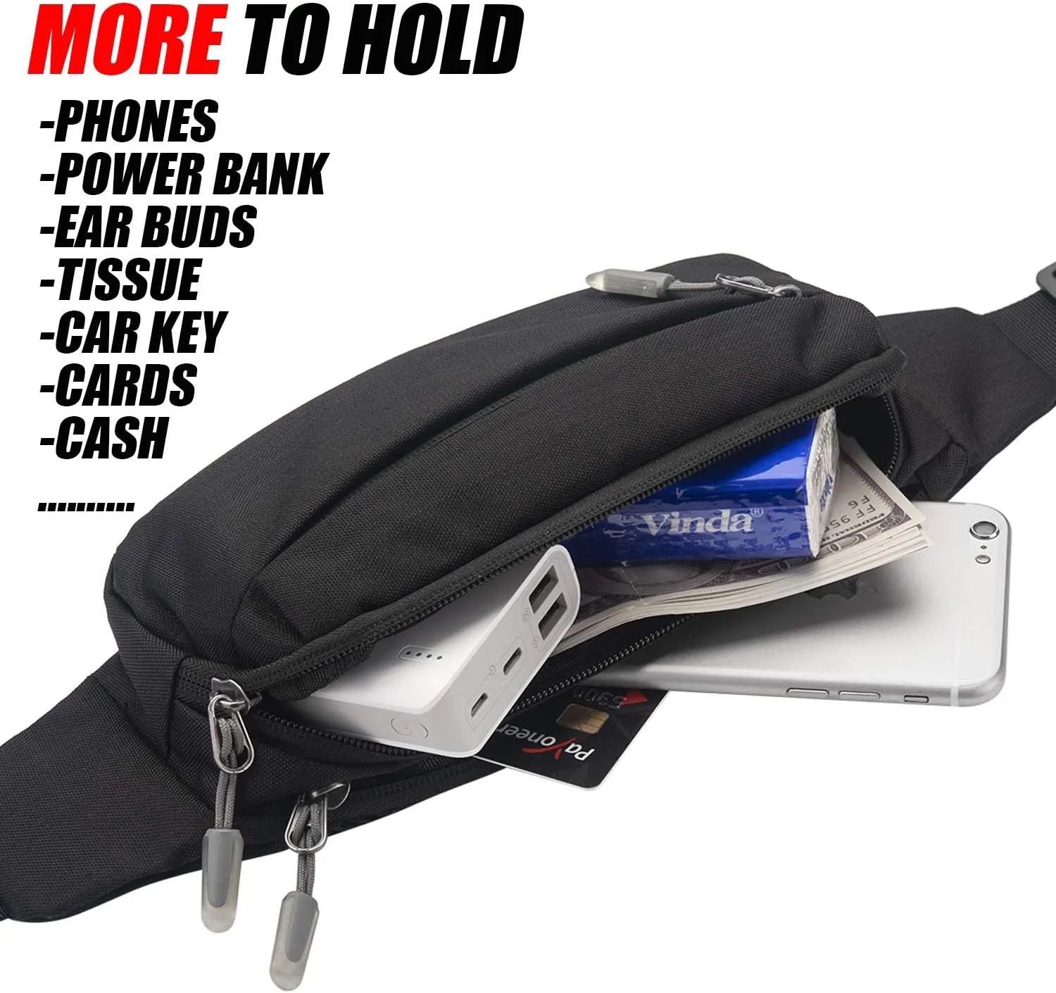 USHAKE Fanny Pack Waist Packs with Extender for Men Women, Waist Pouch Bag Hip Pack with 3-Zipper Pockets Adjustable Straps for Casual Travel Hiking Running Outdoor Sports