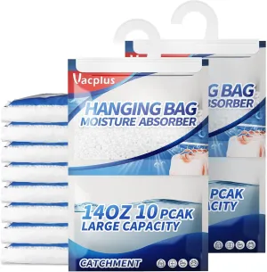 Vacplus Moisture Absorber, 10 Pack Portable Dehumidifiers for Closet and Enclosed Space, 14 OZ Dehumidifier Bags Effectively Trap Extra Moisture, Hanging Moisture Absorbers Unpleasant Smell