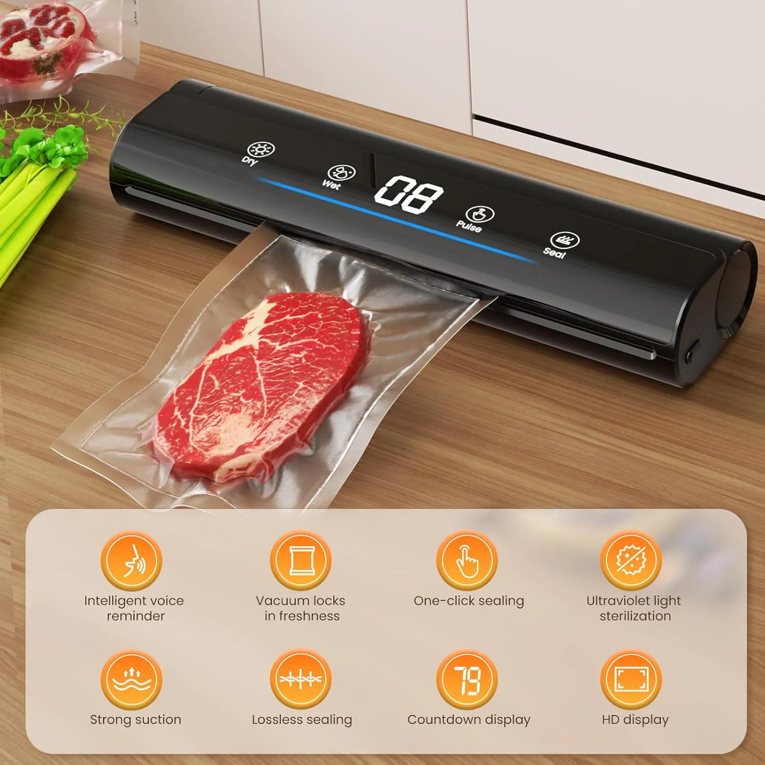 Vacuum Sealer Machine, Fast Food Sealer with LED Display & Voice Remind, Automatic Air Sealer with 20Pcs Vacuum Seal Bags, Mult-Functions Sealer with Dry/Wet Seal Mode (Black)