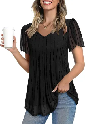 VALOLIA Womens Tops Short Sleeve Shirts Casual V Neck Blouse Double Layers Mesh Tunics Tops