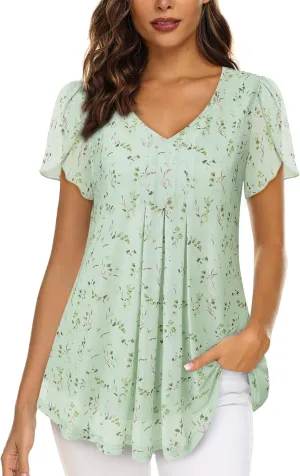 VALOLIA Womens Tops Short Sleeve Shirts Casual V Neck Blouse Double Layers Mesh Tunics Tops