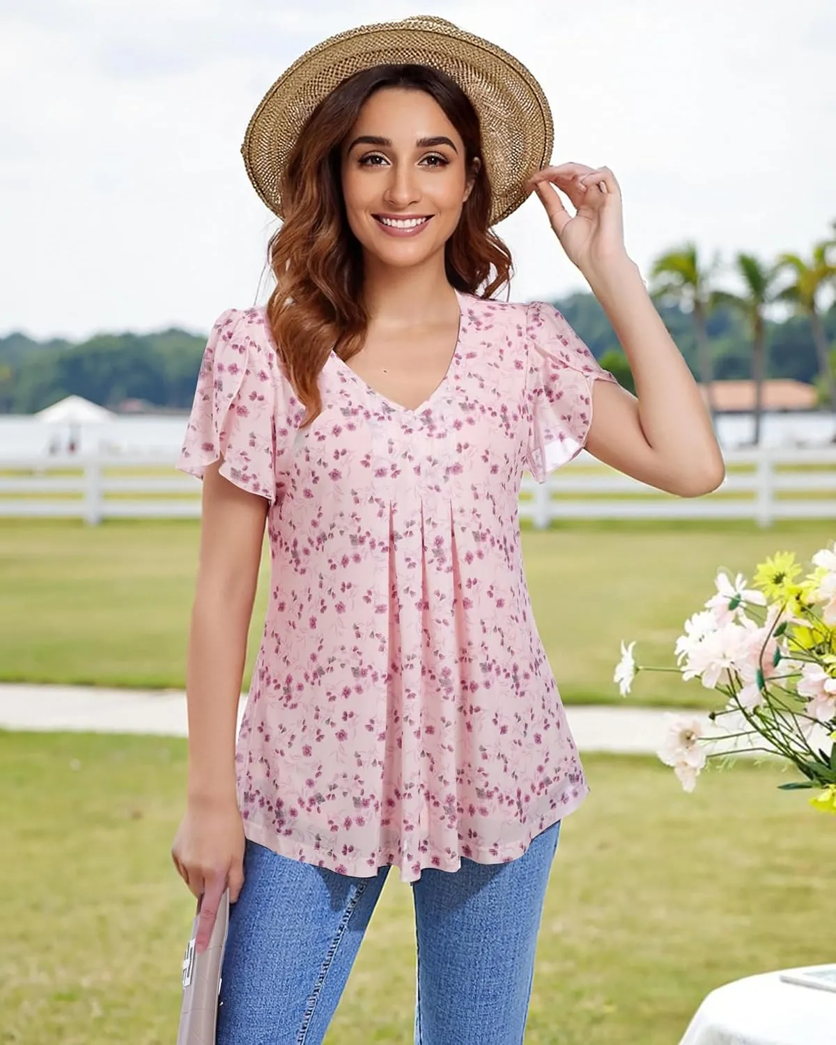 VALOLIA Womens Tops Short Sleeve Shirts Casual V Neck Blouse Double Layers Mesh Tunics Tops