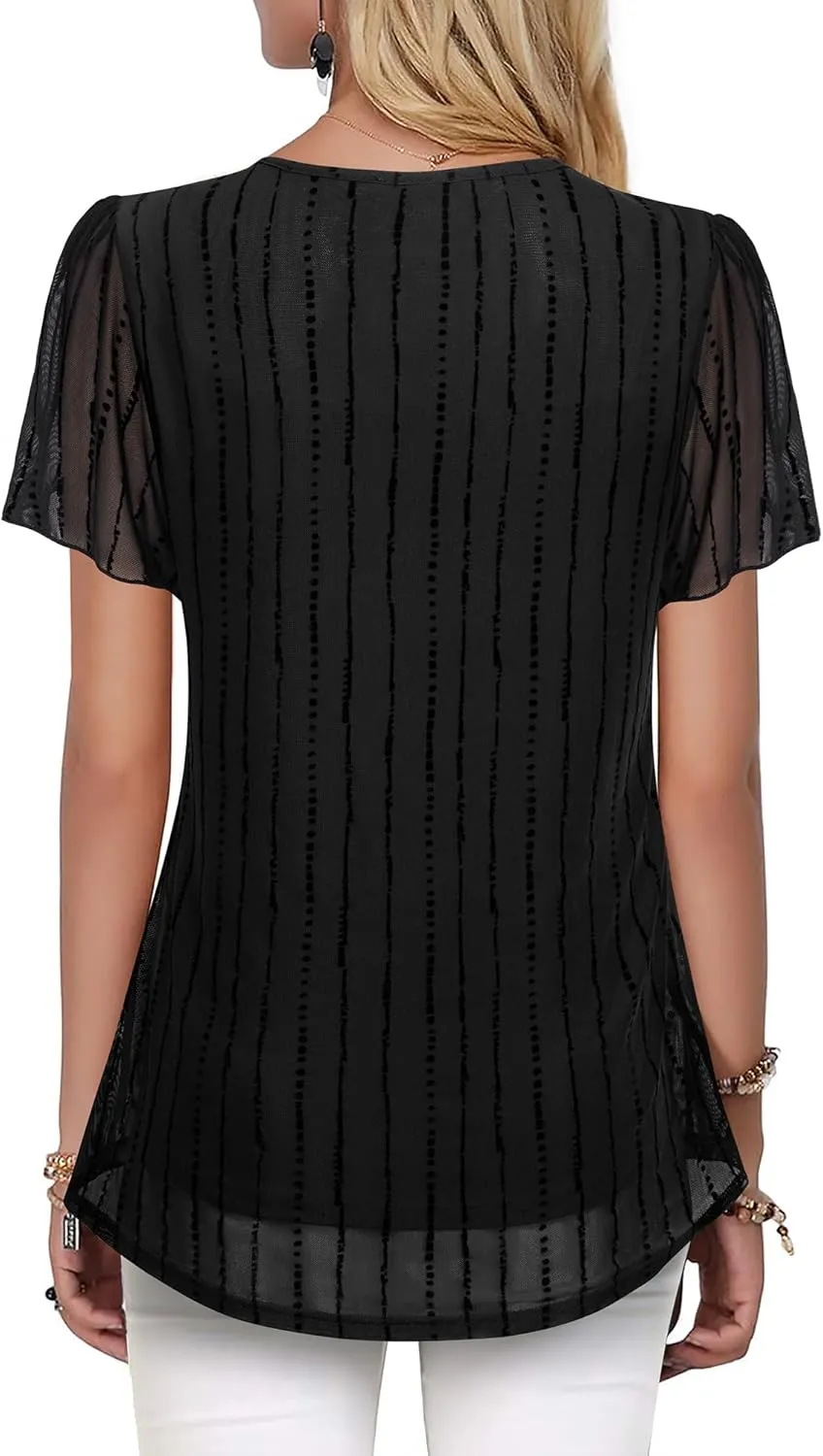 VALOLIA Womens Tops Short Sleeve Shirts Casual V Neck Blouse Double Layers Mesh Tunics Tops