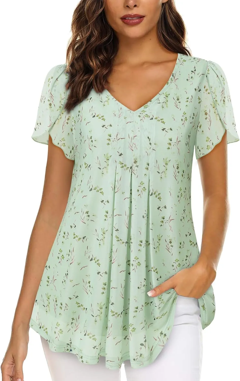 VALOLIA Womens Tops Short Sleeve Shirts Casual V Neck Blouse Double Layers Mesh Tunics Tops