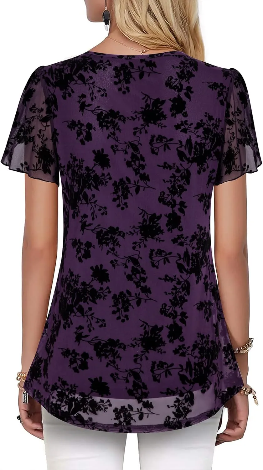 VALOLIA Womens Tops Short Sleeve Shirts Casual V Neck Blouse Double Layers Mesh Tunics Tops