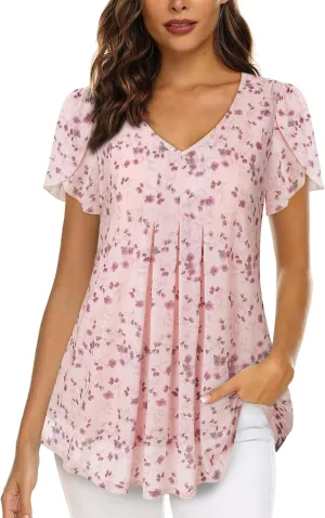 VALOLIA Womens Tops Short Sleeve Shirts Casual V Neck Blouse Double Layers Mesh Tunics Tops