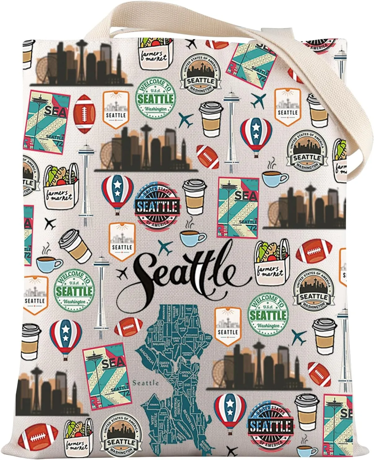 VAMSII Seattle Washington Tote Bag Seattle Souvenir Gift Seattle Landmarks Gift Seattle Themed Gift Seattle City Travel Gift