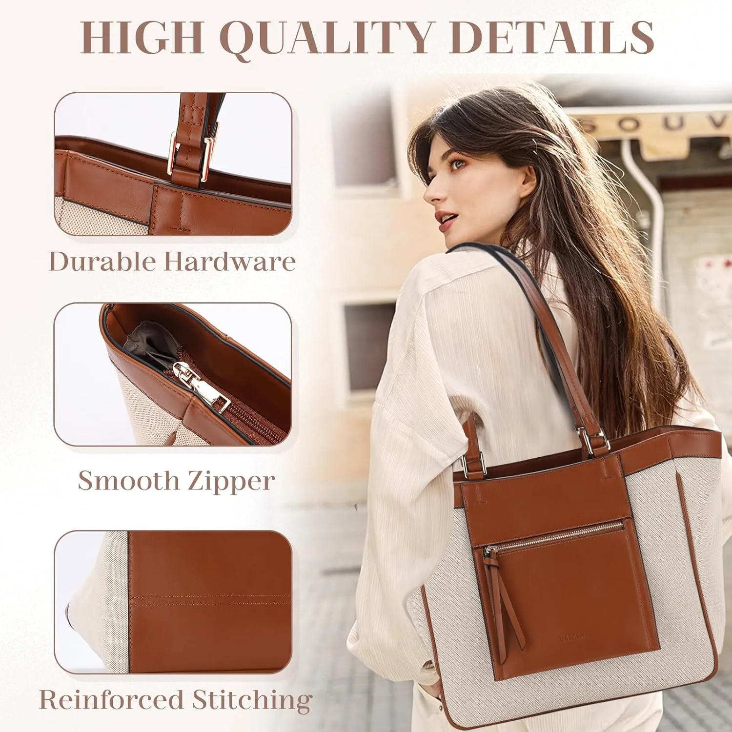 VASCHY Tote Bag Purse for Women, Fashion Canvas Vegan Leather Patchwork Satchel Shoulder Bag Handbag for Work