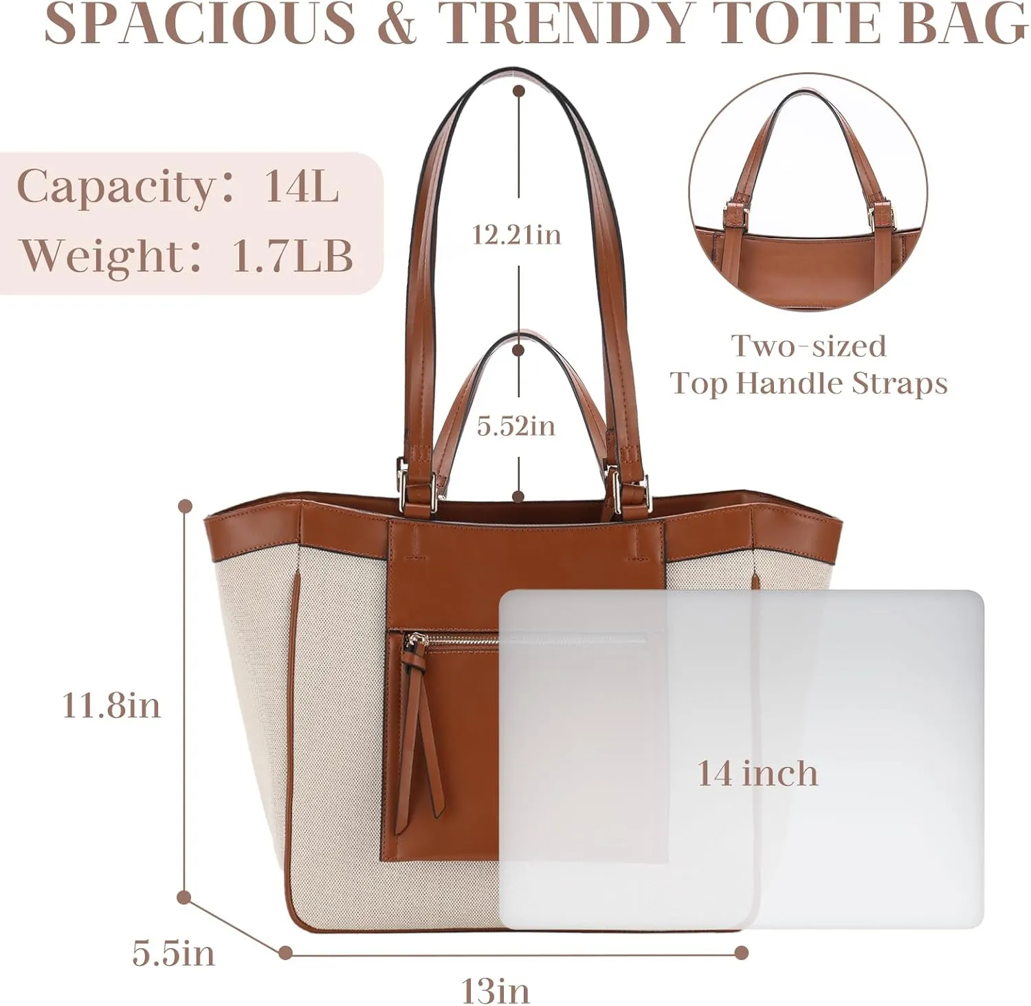 VASCHY Tote Bag Purse for Women, Fashion Canvas Vegan Leather Patchwork Satchel Shoulder Bag Handbag for Work