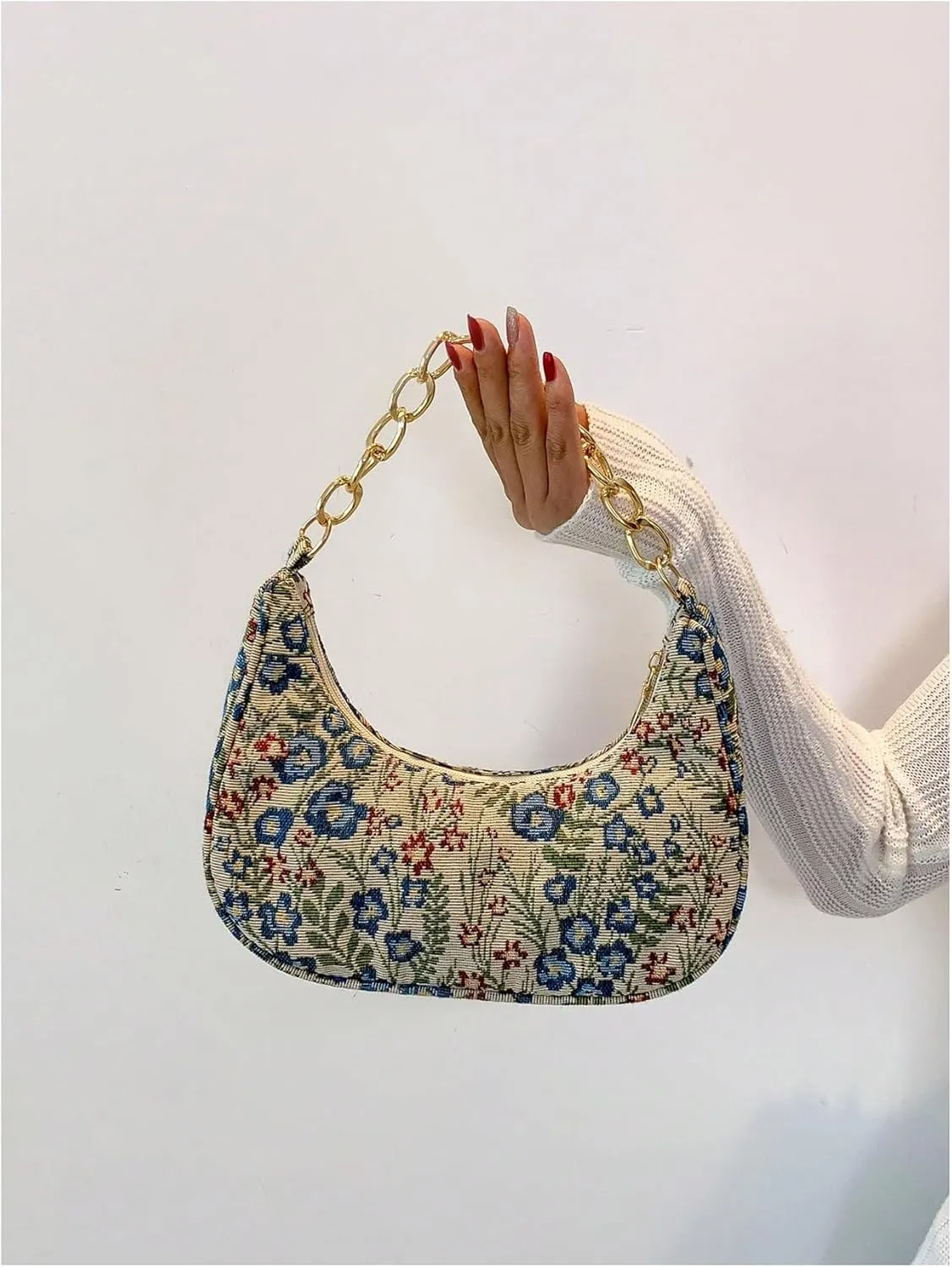 Verdusa Women's Floral Top Handle Hobo Bags Metal Chain Crescent Bag Handbags
