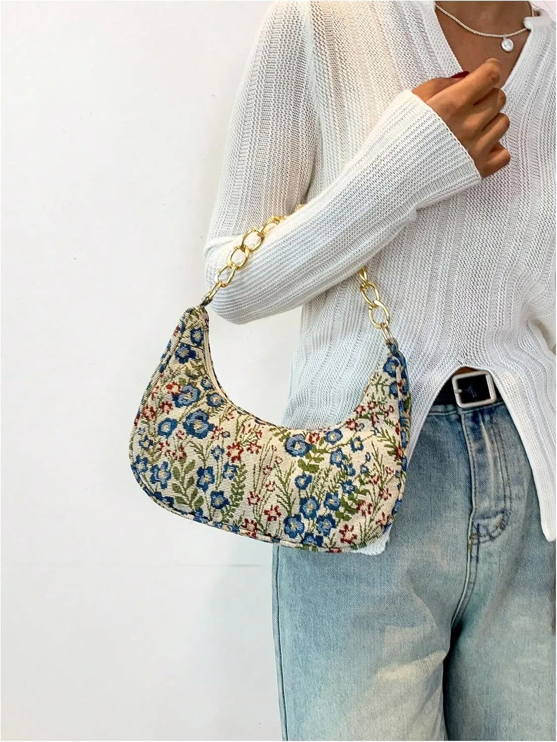 Verdusa Women's Floral Top Handle Hobo Bags Metal Chain Crescent Bag Handbags