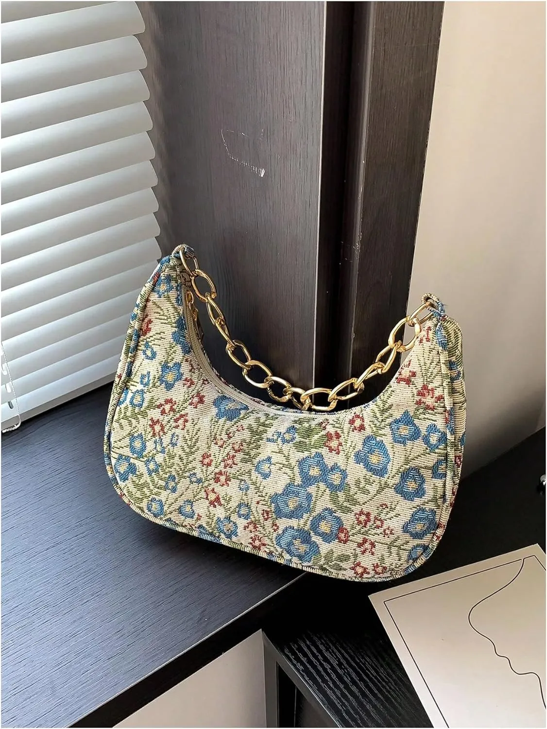 Verdusa Women's Floral Top Handle Hobo Bags Metal Chain Crescent Bag Handbags