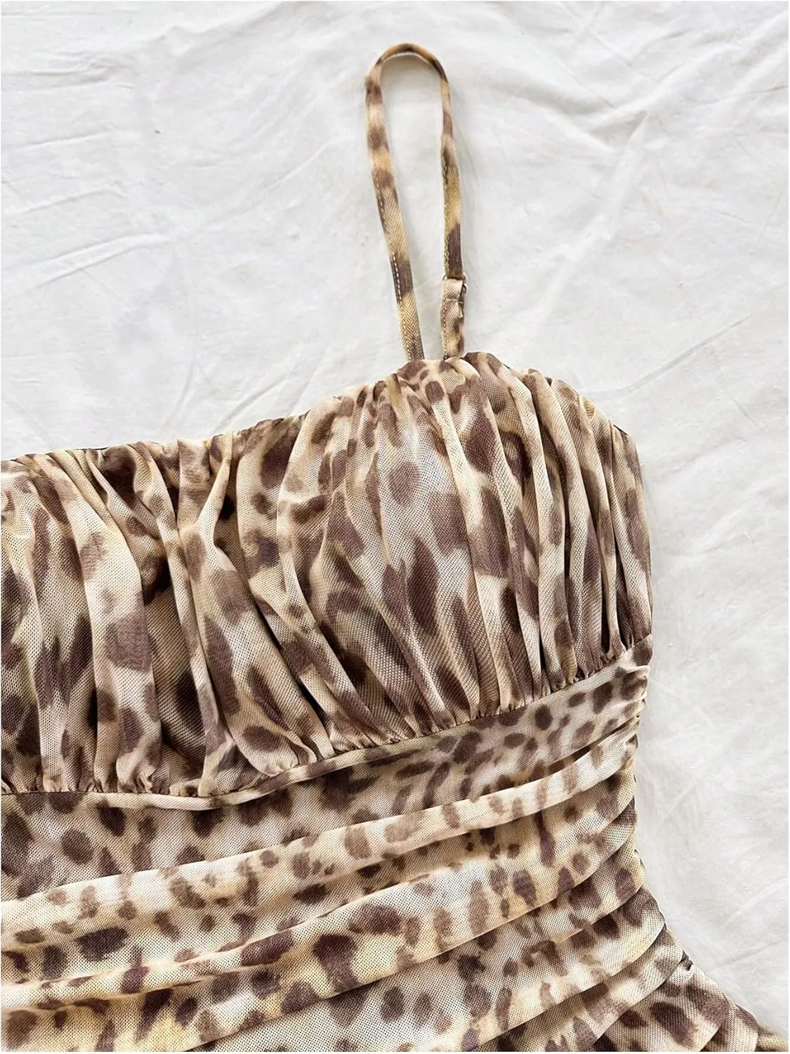 Verdusa Women's Leopard Print Mini Dress Fitted Spaghetti Strap Mesh Slip Dress