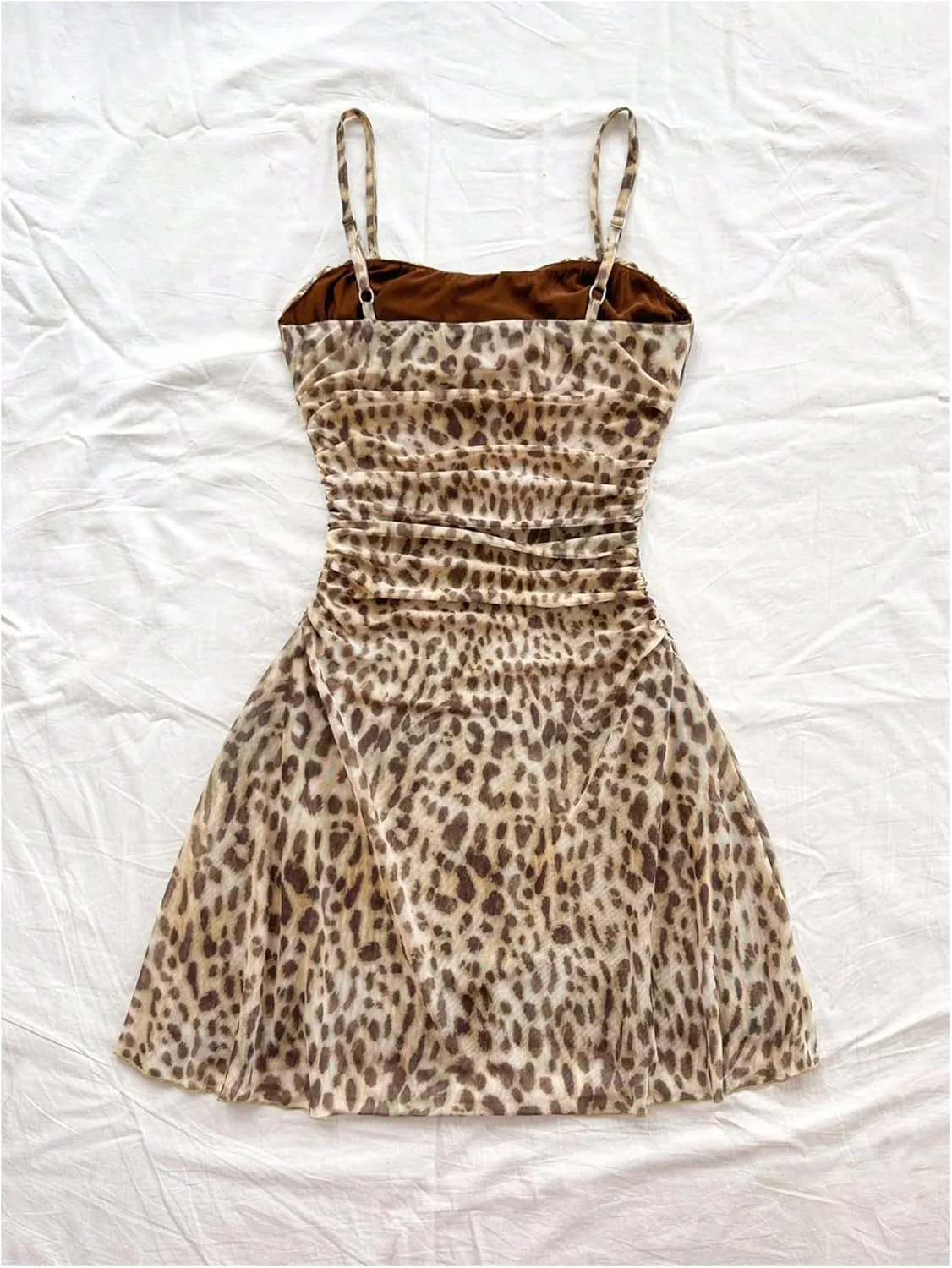 Verdusa Women's Leopard Print Mini Dress Fitted Spaghetti Strap Mesh Slip Dress