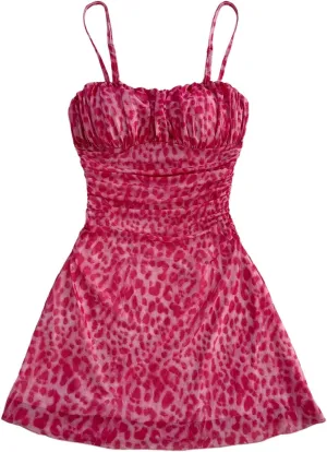 Verdusa Women's Leopard Print Mini Dress Fitted Spaghetti Strap Mesh Slip Dress