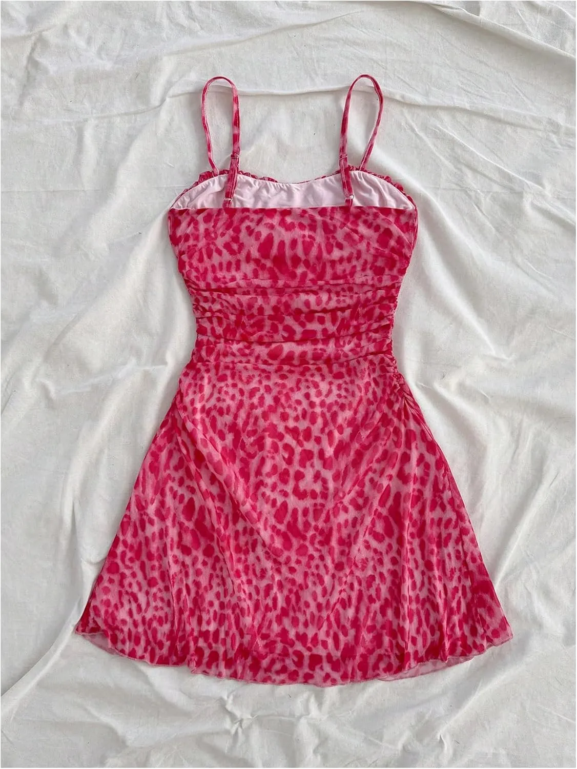 Verdusa Women's Leopard Print Mini Dress Fitted Spaghetti Strap Mesh Slip Dress