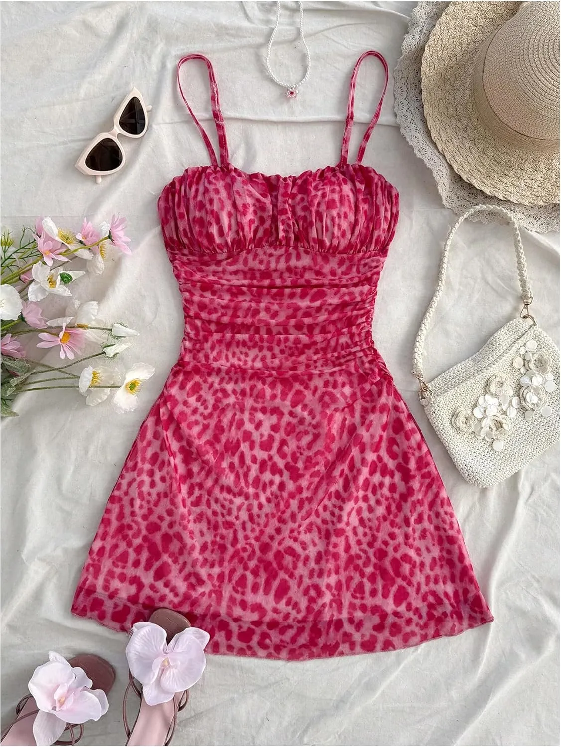 Verdusa Women's Leopard Print Mini Dress Fitted Spaghetti Strap Mesh Slip Dress