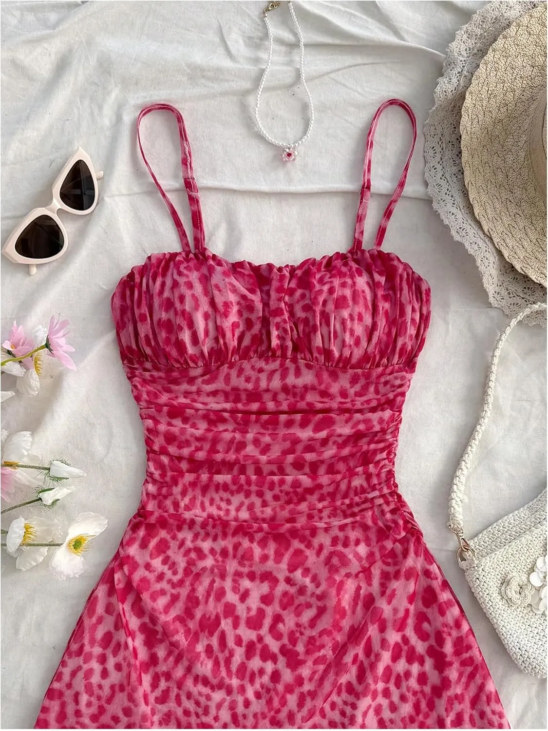 Verdusa Women's Leopard Print Mini Dress Fitted Spaghetti Strap Mesh Slip Dress