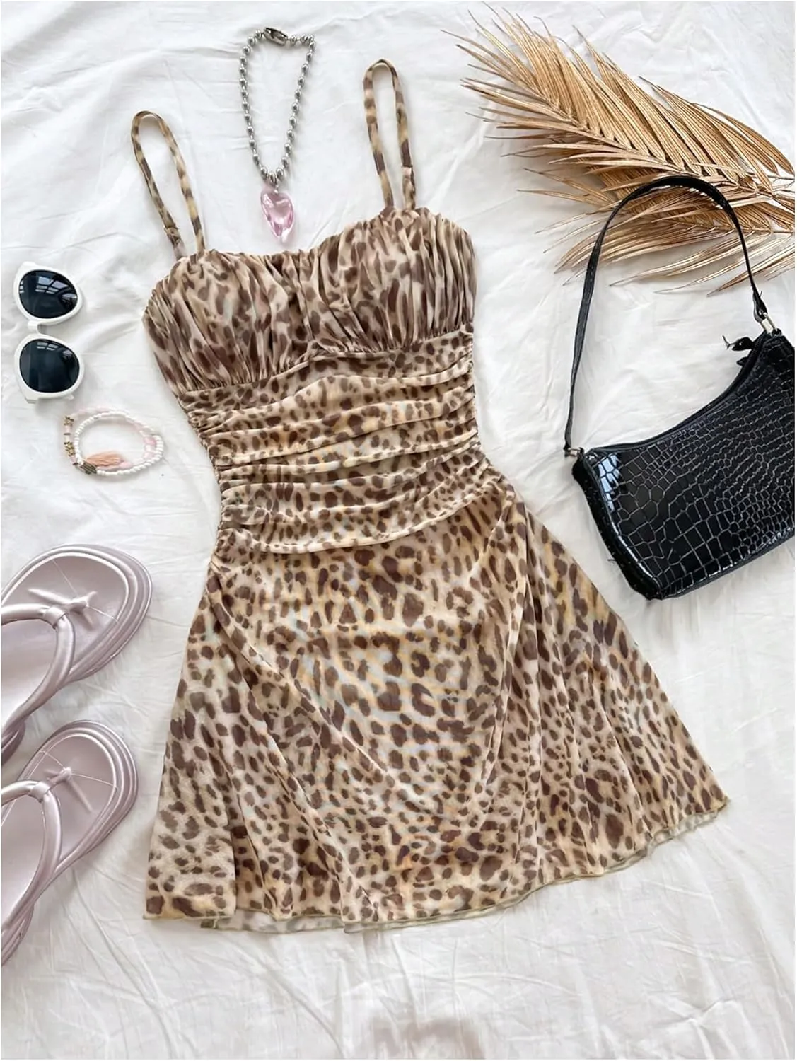 Verdusa Women's Leopard Print Mini Dress Fitted Spaghetti Strap Mesh Slip Dress