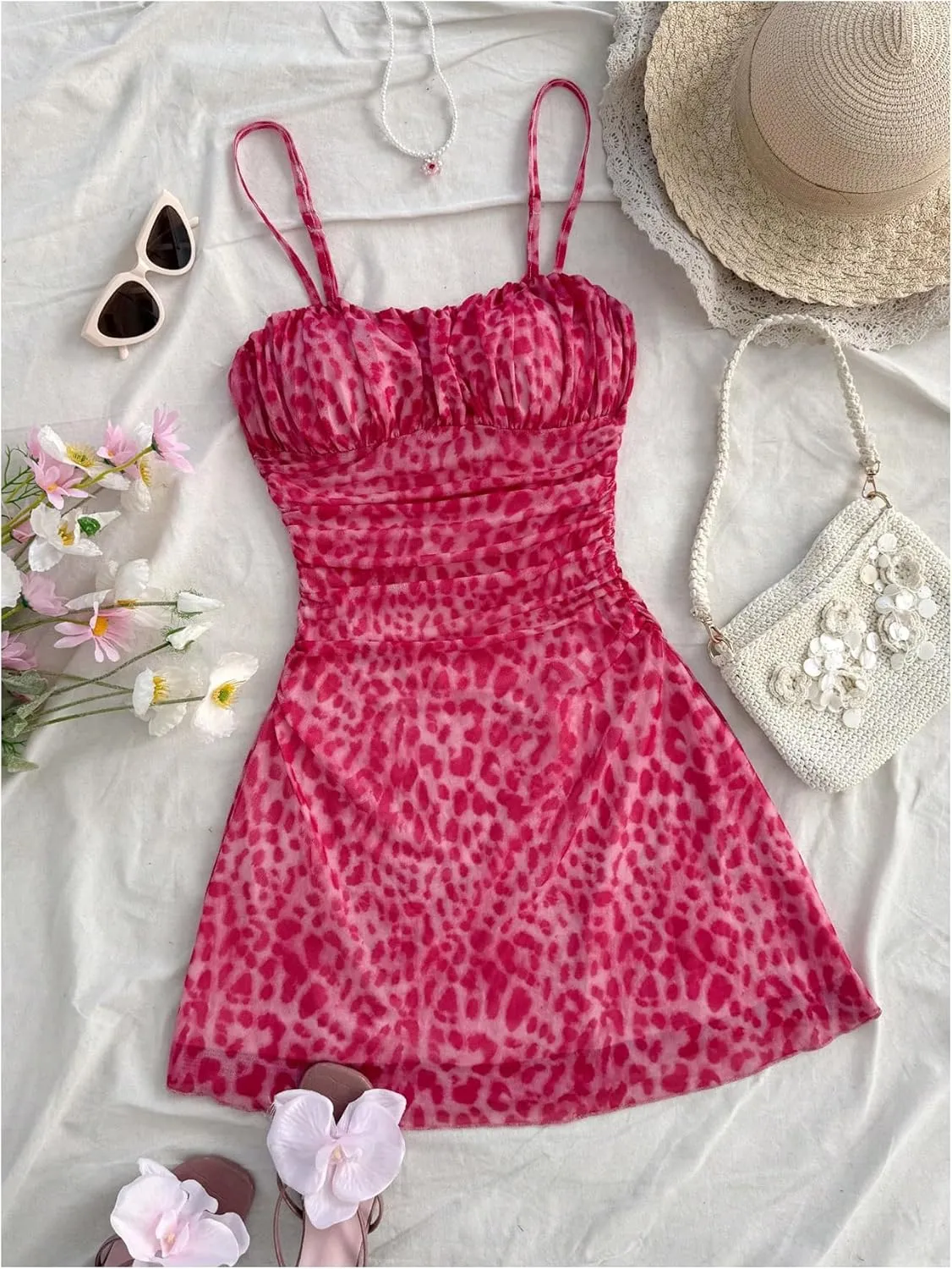 Verdusa Women's Leopard Print Mini Dress Fitted Spaghetti Strap Mesh Slip Dress