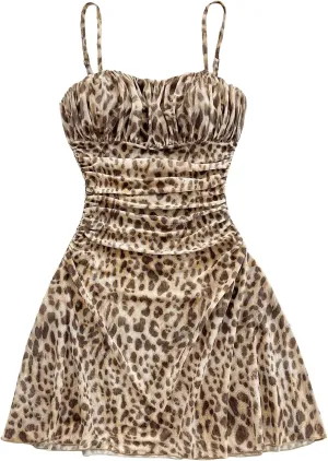 Verdusa Women's Leopard Print Mini Dress Fitted Spaghetti Strap Mesh Slip Dress