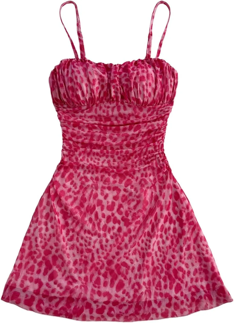 Verdusa Women's Leopard Print Mini Dress Fitted Spaghetti Strap Mesh Slip Dress