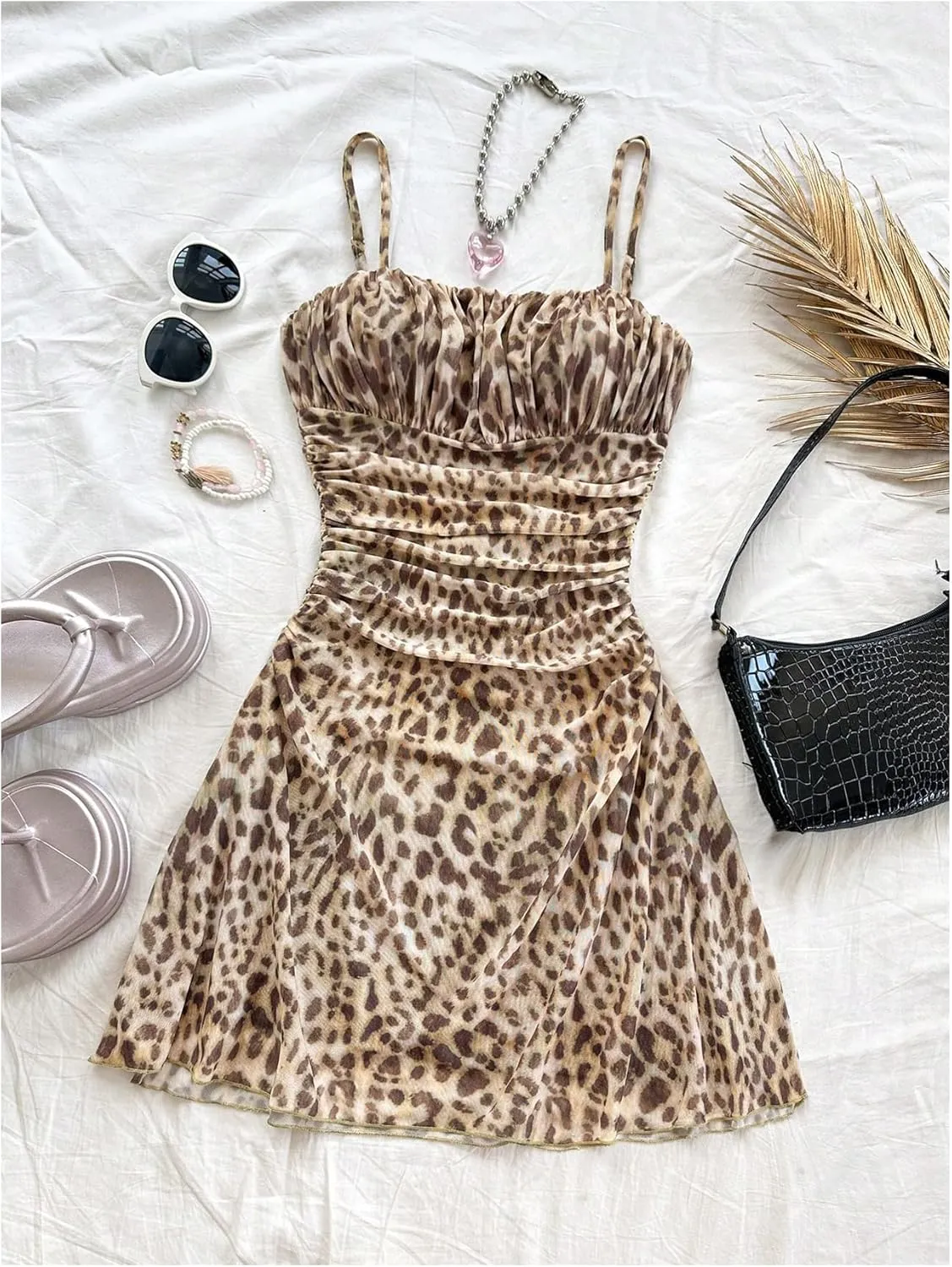 Verdusa Women's Leopard Print Mini Dress Fitted Spaghetti Strap Mesh Slip Dress