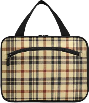 Vintage Buffalo Plaid Checked Khaki hanging mens toiletry bag with hook, designer chic make up bags for travel make up cruises estuche para guardar maquillaje L