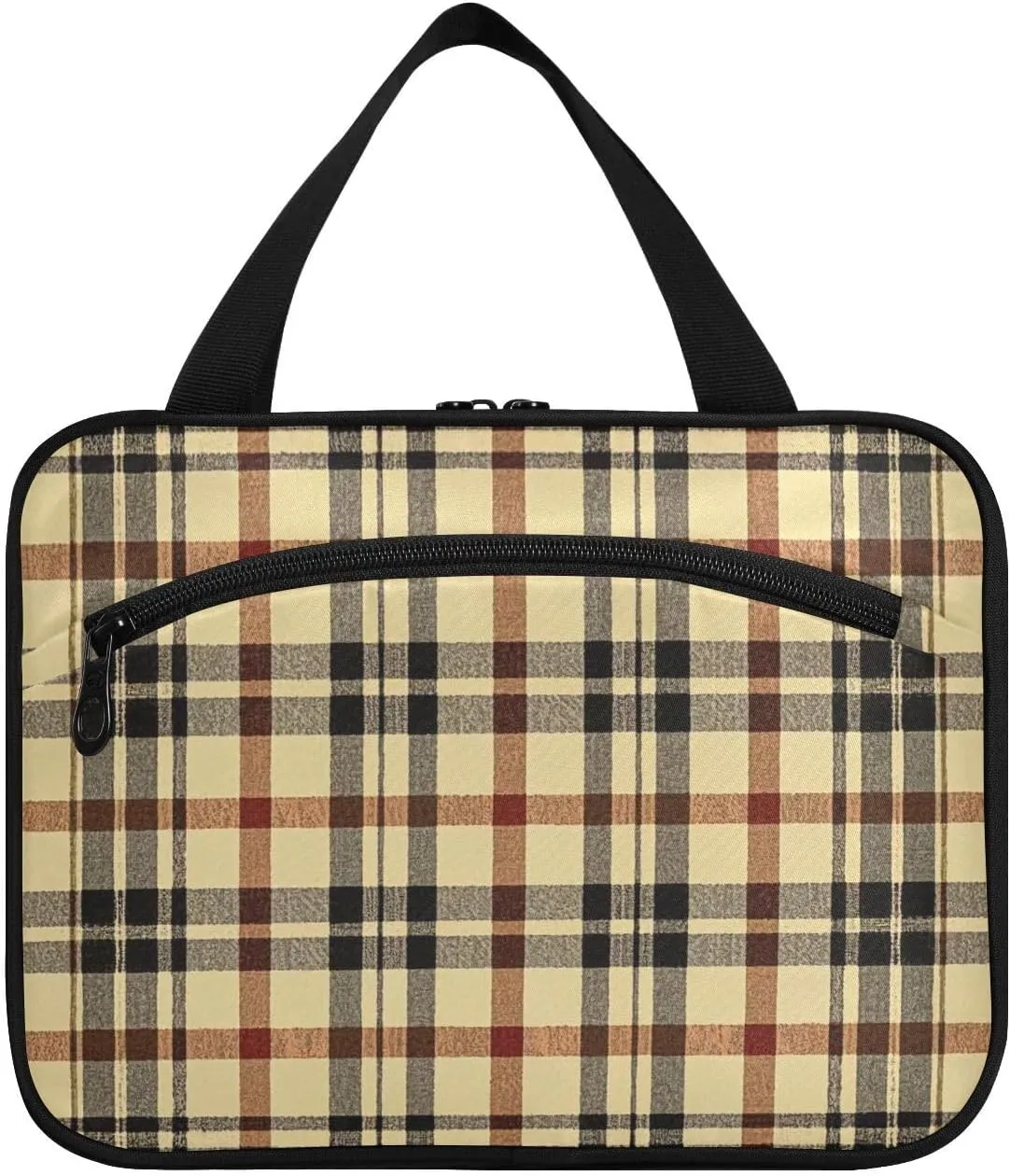 Vintage Buffalo Plaid Checked Khaki hanging mens toiletry bag with hook, designer chic make up bags for travel make up cruises estuche para guardar maquillaje L