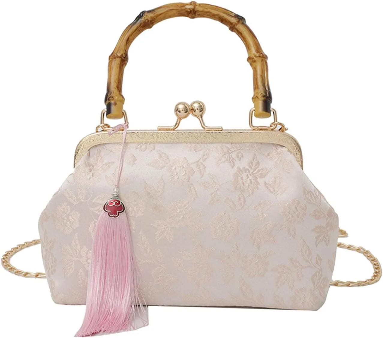 Vintage Embroidered Flower Handbag, Retro Pearl Chain, Flower Embroidery Rustic Shoulder Bag with Lock Closure Bag for Women