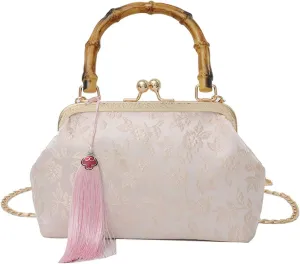 Vintage Embroidered Flower Handbag, Retro Pearl Chain, Flower Embroidery Rustic Shoulder Bag with Lock Closure Bag for Women