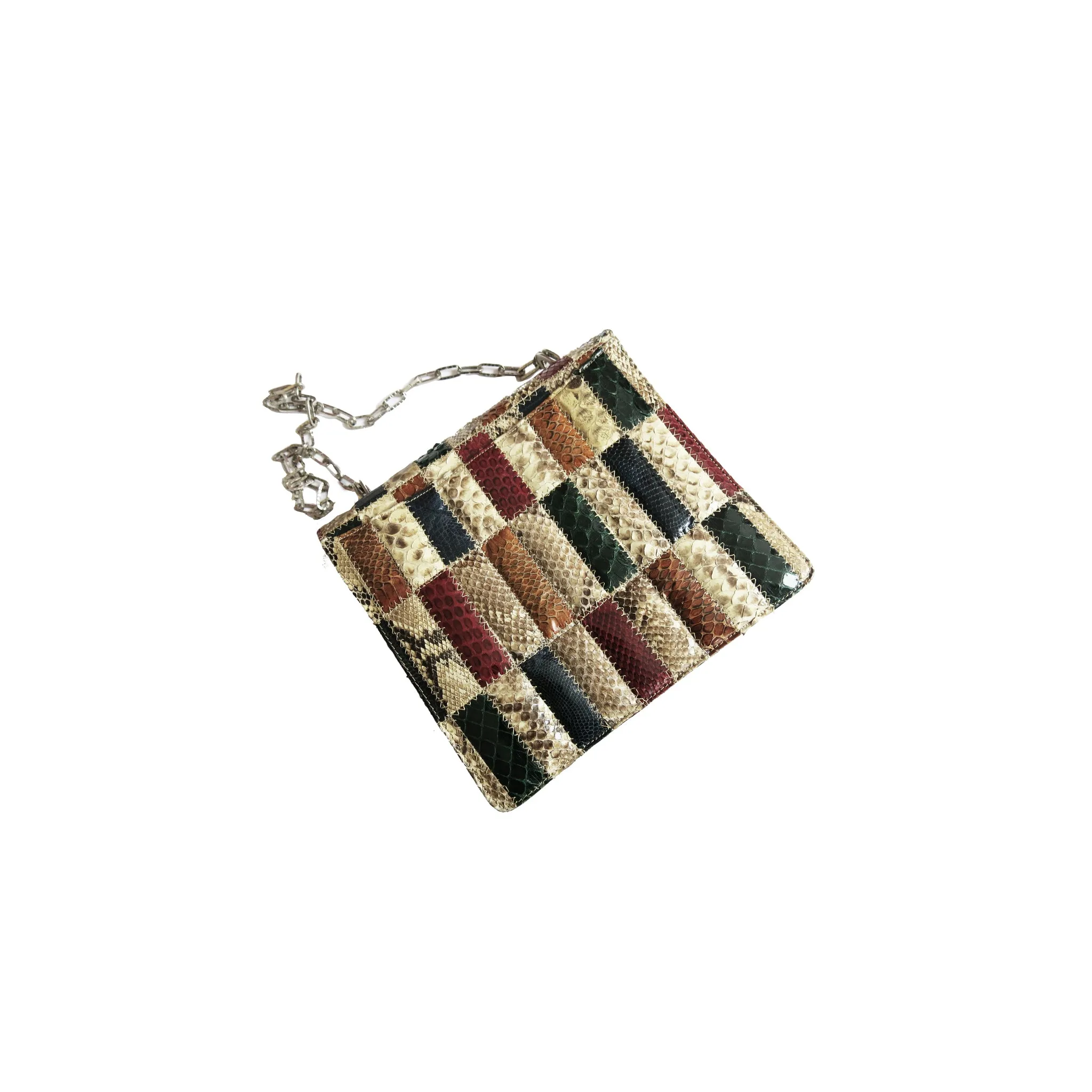 Vintage Patchwork Snakeskin Shoulder Bag with Silver Link Chain Strap