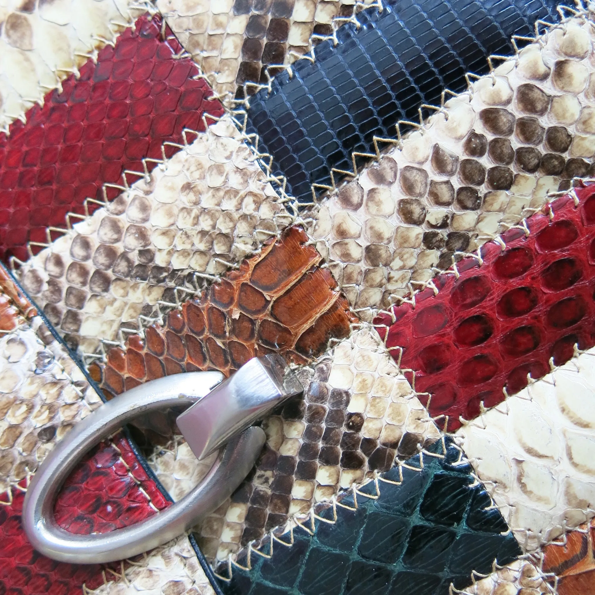 Vintage Patchwork Snakeskin Shoulder Bag with Silver Link Chain Strap