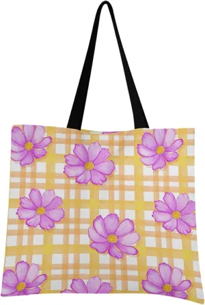 visesunny Women Extra Large Tote Bag Flower Cosmos Gingham Check Orange Color Shoulder Bags Ladies Beach Travel Reusable Grocery Shopping Portable Storage Handbag