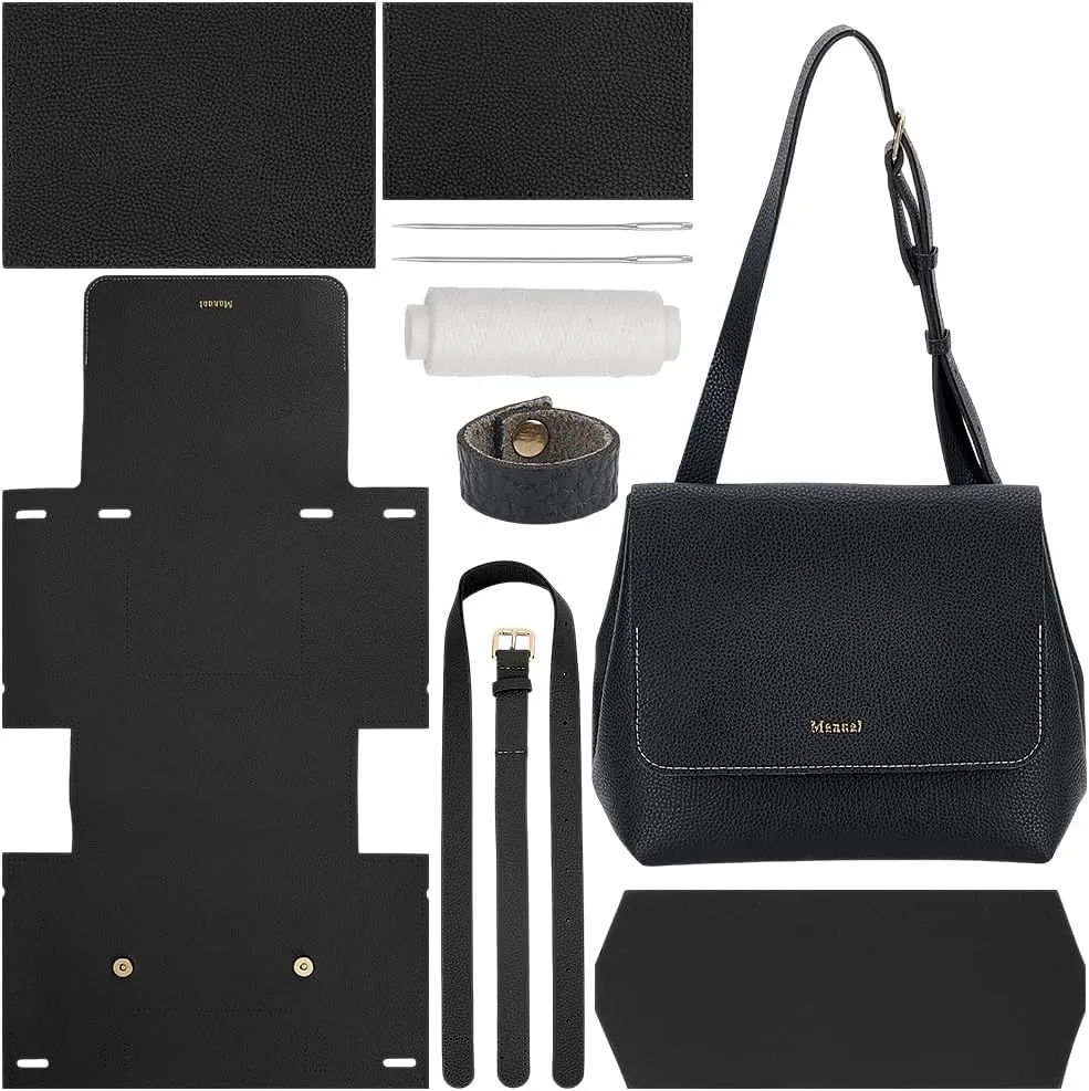 WADORN DIY Imitation Leather Shoulder Bag Sewing Set, Women's Crossbody Handbag Making Kits Imitation Leather Handmade Satchel Handbag Making Kit for Handmade Craft Bag Making Accessories, Black