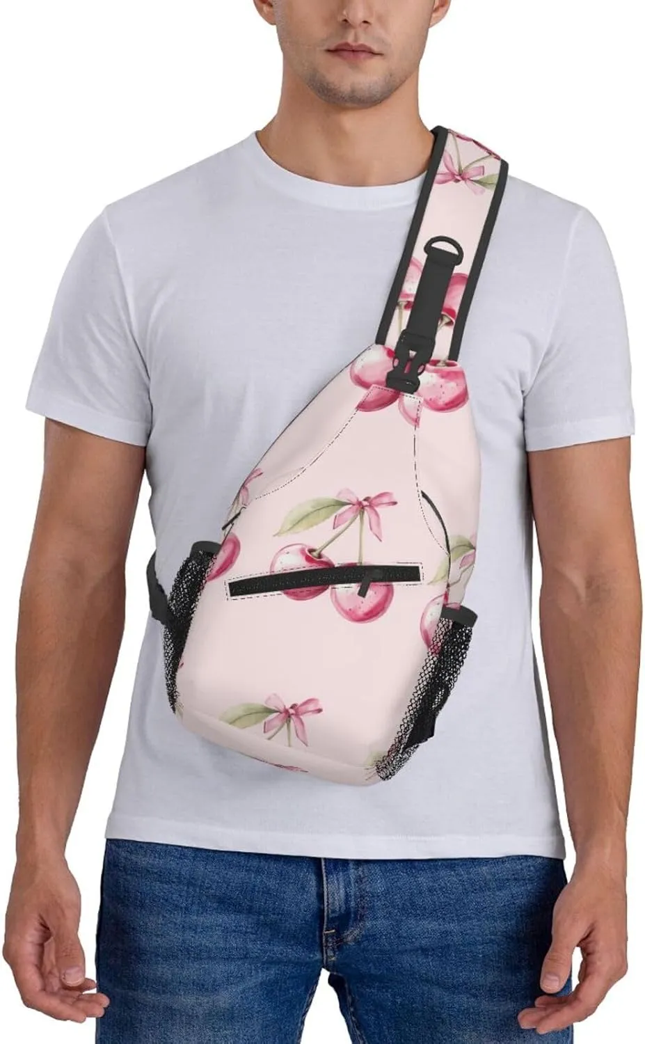 Watercolor Two Pink Cherry With Bow Sling Bag For Men Crossbody Backpack,Women Shoulder Bag For Travel Sport