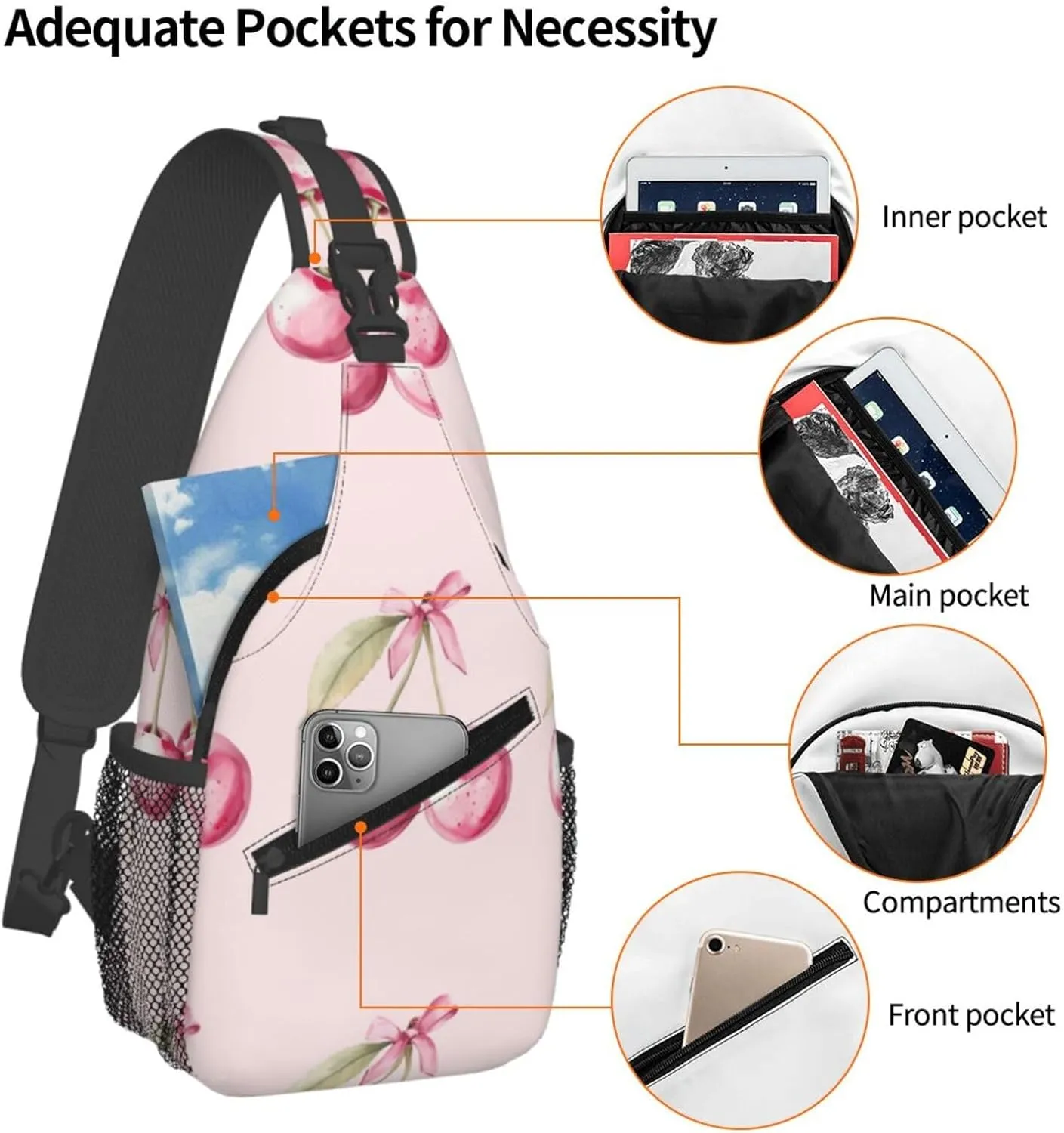 Watercolor Two Pink Cherry With Bow Sling Bag For Men Crossbody Backpack,Women Shoulder Bag For Travel Sport