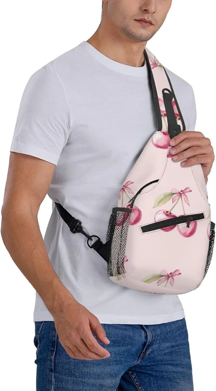 Watercolor Two Pink Cherry With Bow Sling Bag For Men Crossbody Backpack,Women Shoulder Bag For Travel Sport