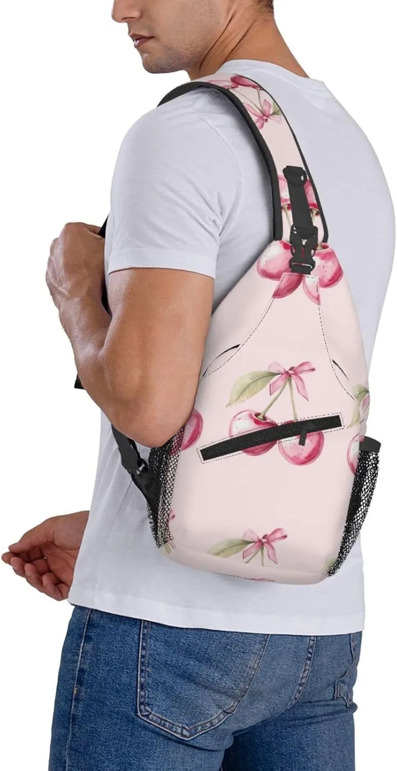 Watercolor Two Pink Cherry With Bow Sling Bag For Men Crossbody Backpack,Women Shoulder Bag For Travel Sport