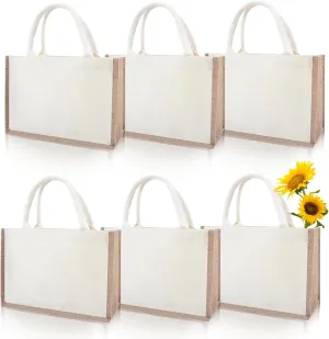 WCHOSOZH 6Pcs Burlap Bags Jute Tote Bag with Handles, Bulk Reusable Water Resistant Beach Bag, Bridesmaid Handbag for Wedding Gift DIY, School, Shopping and Picnic, 13 x 8.7 x 5.1 Inches
