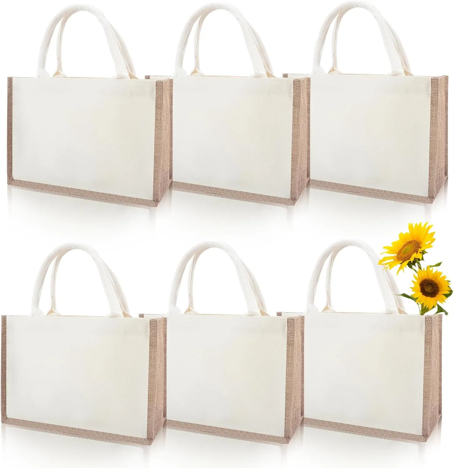 WCHOSOZH 6Pcs Burlap Bags Jute Tote Bag with Handles, Bulk Reusable Water Resistant Beach Bag, Bridesmaid Handbag for Wedding Gift DIY, School, Shopping and Picnic, 13 x 8.7 x 5.1 Inches